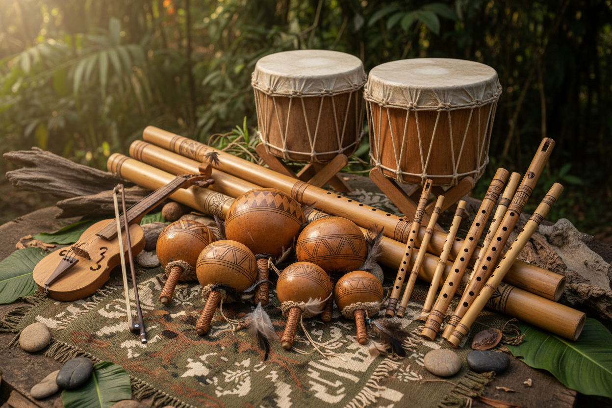 Als etnomusikologin möchte ich ein bild wo die traditionelle musikinstrumente der Mbya guarani kultur von südamerika zu sehen sind, und dazu eine kurze gedicht auf mbya guarani sprache.