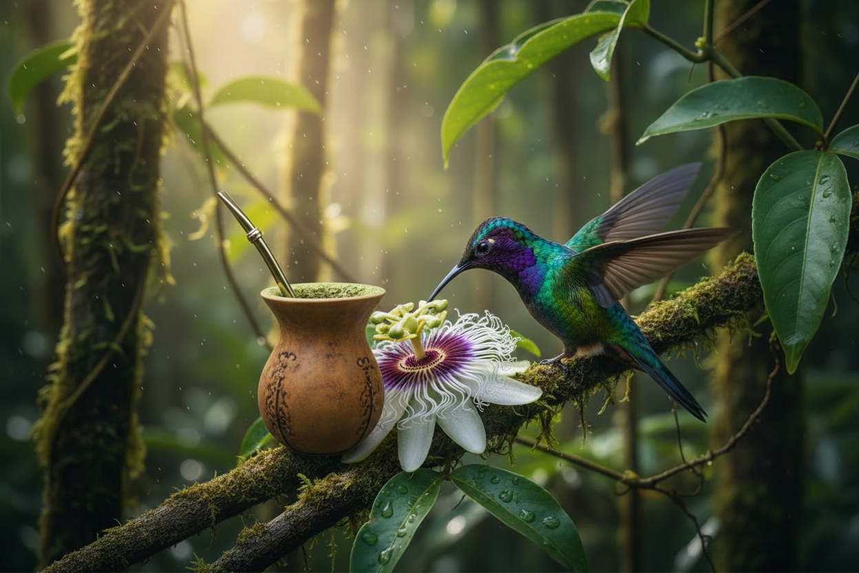 Ein Kolibri mit faszinierenden Farben sitzt im Dschungel und trinkt den Nektar einer typischen Blume des paraguayischen Regenwaldes. Auf demselbe Ast sieht man ein Calebasse Mate-Geffäßs wo drin eine strohalm aus bambus ist.